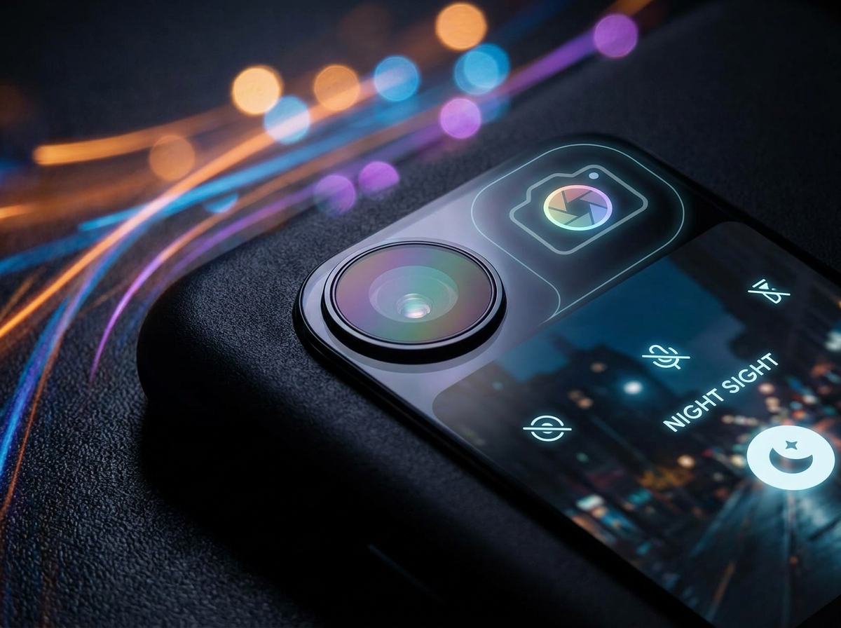 Smartphone camera lens with GCam bokeh light trails for sharper mobile photography